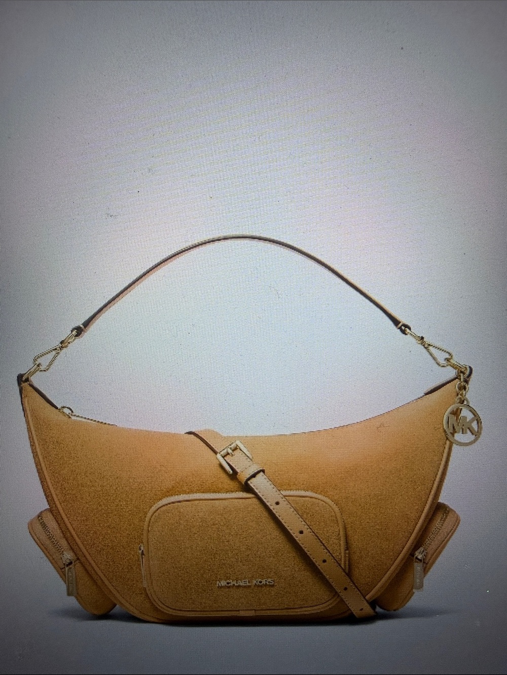 Michael Kors Tan Suede Crescent Shoulder Bag with MK Charm